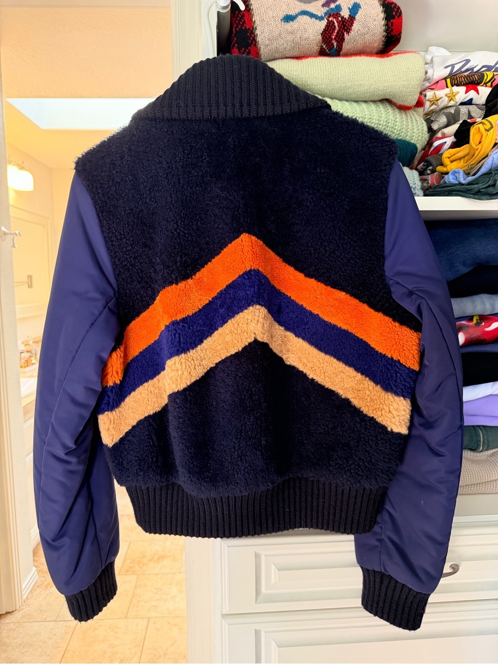 Vintage Coach Lamb Shearling Chevron Bomber Jacket with Lamb Leather - Picture 2 of 15